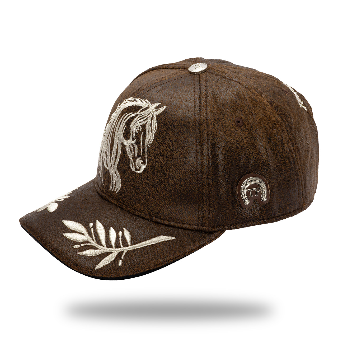 Gorra en Tela Tipo Cuero Café Bordado Plata
