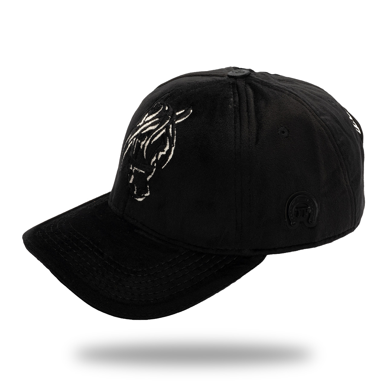 Gorra en Tela Tipo Terciopelo Negro Bordado Negro Blanco